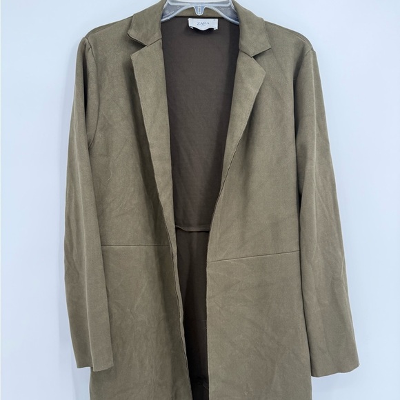 Zara Women's Green Faux Suede Open Front Long Coat Jacket Pockets Size Medium - Picture 5 of 10